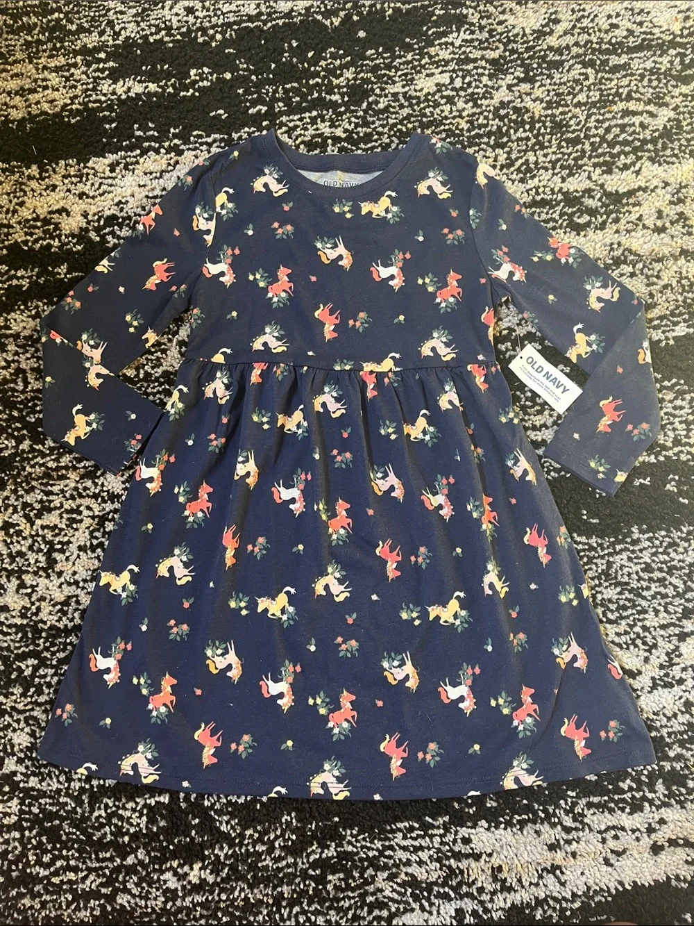 Old Navy Navy Unicorn & Floral Long-Sleeve Twirl Dress